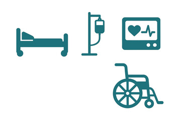 Fototapeta premium Collection of essential hospital medical equipment icons featuring a patient bed, IV drip, heart monitor, and wheelchair for healthcare