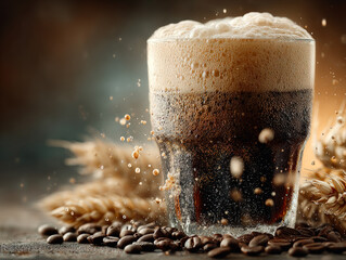 Glass of dark beer with frothy foam surrounded by coffee beans and wheat, symbolizing brewing, refreshment, and craft beverage culture. 
