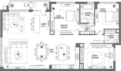 Vector art of floor plan of a luxury apartment with living room, dining room, master bedroom, and guest suite