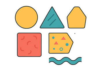 Collection of diverse abstract geometric shapes with vibrant colors and bold outlines on a clean white background, modern graphic elements