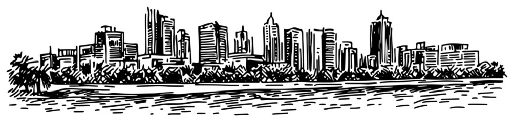 Obraz premium Modern City Waterfront Skyline Hand Drawn Vector