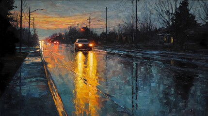 Glossy pavement glistens under dim light as a moving car appears blurred in the rainy atmosphere.