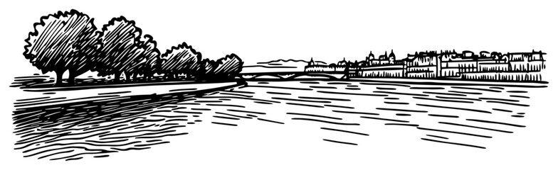 Riverside Promenade With Trees and Historic Waterfront Vintage Engraving Vector