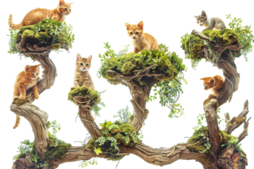 Playful kittens explore a whimsical tree crafted from twisted branches and lush greenery in a bright, magical setting isolated on transparent background