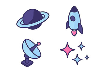 Vibrant cosmic exploration elements featuring a ringed planet rocket satellite dish and sparkling stars on white