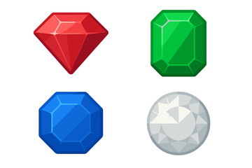 Collection of colorful faceted gemstones in various shapes and cuts isolated on a clean white background