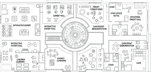 Vector art of government building floor plan with dome, offices, and conference rooms
