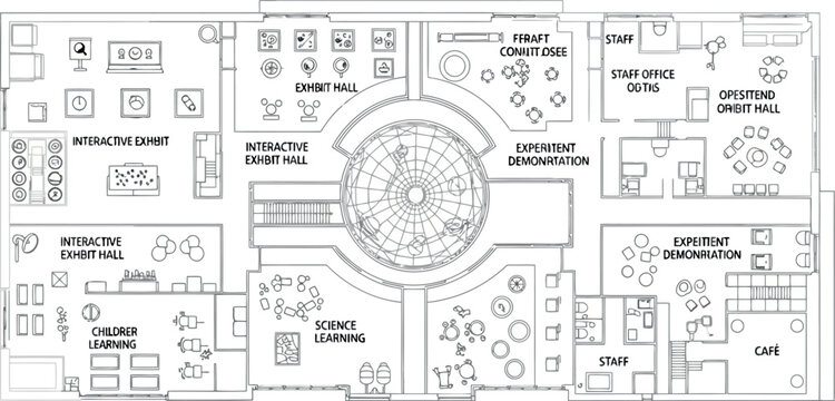 Vector art of government building floor plan with dome, offices, and conference rooms