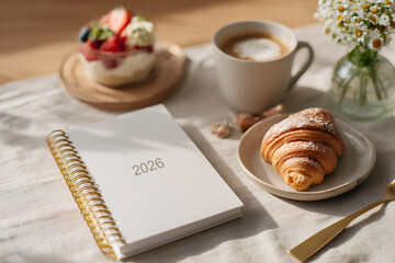 A diary planner for 2026, on a table with coffee and dessert.
