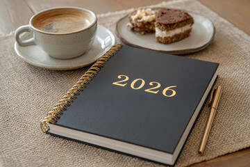 A diary planner for 2026, on a table with coffee and dessert.
