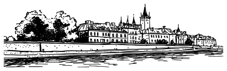 Naklejka premium Prague Old Town Riverside Engraved Vector