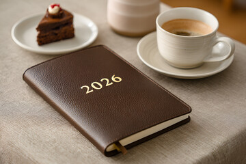A diary planner for 2026, on a table with coffee and dessert.