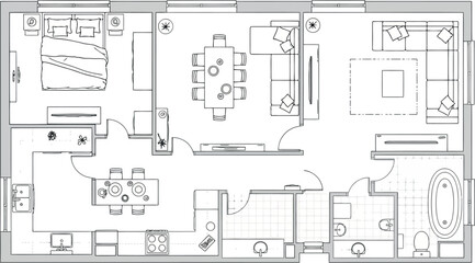 Vector art of residential floor plan blueprint with living room, bedroom, and kitchen