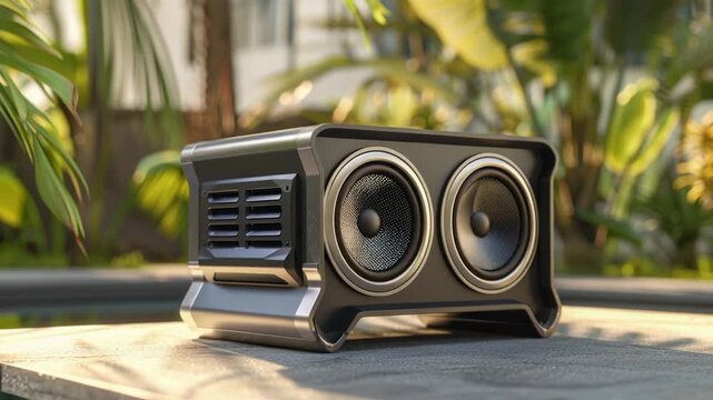 A person sits near a pool with a portable speaker, perfect for outdoor gatherings or relaxation