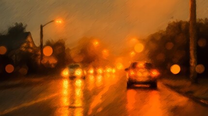 Rain-covered asphalt reflects lights while a car passes by, creating a dramatic and atmospheric street view.