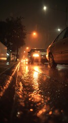 Rain-covered asphalt reflects lights while a car passes by, creating a dramatic and atmospheric street view.