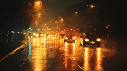 Rain-covered asphalt reflects lights while a car passes by, creating a dramatic and atmospheric street view.