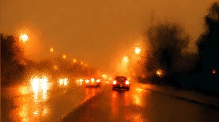 Rain-covered asphalt reflects lights while a car passes by, creating a dramatic and atmospheric street view.
