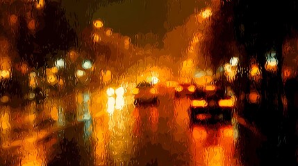 Rain-covered asphalt reflects lights while a car passes by, creating a dramatic and atmospheric street view.