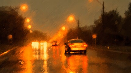 Rain-covered asphalt reflects lights while a car passes by, creating a dramatic and atmospheric street view.