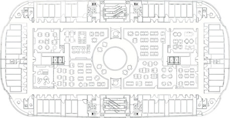 Vector art of detailed floor plan of a unique ovalshaped building with central atrium and surrounding office spaces