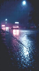 Rain-covered asphalt reflects lights while a car passes by, creating a dramatic and atmospheric street view.