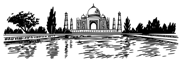 Taj Mahal With Reflecting Pool Vintage Engraving Vector © Tomas