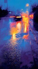 Rain-covered asphalt reflects lights while a car passes by, creating a dramatic and atmospheric street view.