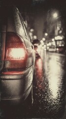 Rain-covered asphalt reflects lights while a car passes by, creating a dramatic and atmospheric street view.