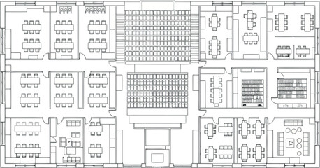 Vector art of architectural drawing of a multistory building with classrooms, offices, library, and study areas © SampaRani