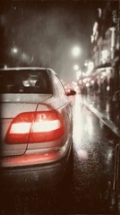 Rain-covered asphalt reflects lights while a car passes by, creating a dramatic and atmospheric street view.