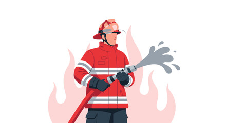 Fototapeta premium Firefighter Extinguishing Flames with Water Hose in Protective Gear and Uniform Design