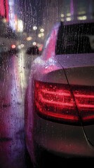 Rain-covered asphalt reflects lights while a car passes by, creating a dramatic and atmospheric street view.
