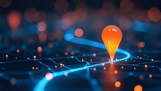 A 3d glowing orange pin maker point on modern tech roadmap graphic, future infrastructure upgrade, software implementation - plan for future innovation, destination, tech improvement, migration