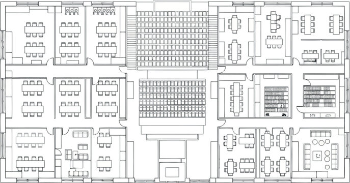 Vector art of architectural drawing of a multistory building with classrooms, offices, library, and study areas