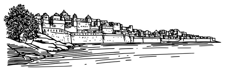 Naklejka premium Coastal Hilltop Fortress and Old Town Line Art Vector