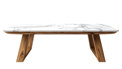 Elegant rectangular coffee table showcasing a luxurious marble top with intricate white veining and a warm wooden base, set against a stark black background emphasizing the design and textures.
