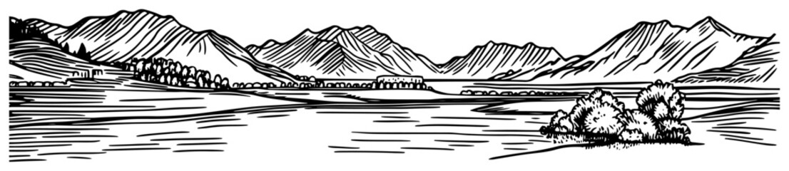 Wide Valley With Distant Mountains and River Line Art Vector