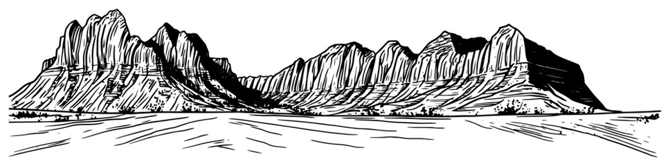 Desert Mesa Mountain Range Engraved Vector © Tomas