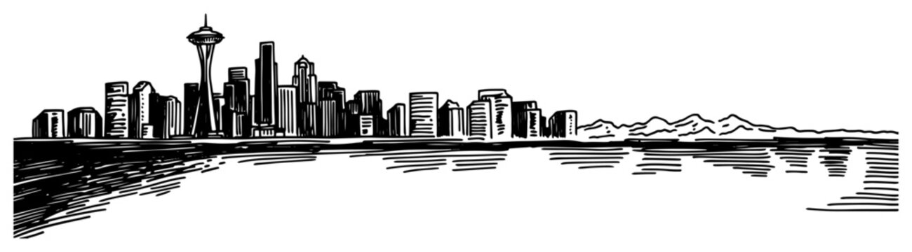 Seattle Skyline with Space Needle Engraved Vector