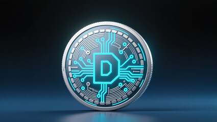 Digital coin featuring glowing circuitry against a dark backdrop