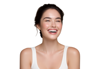 A beautiful young woman with dark hair and a radiant smile, laughing joyfully with her eyes closed, isolated on transparent background