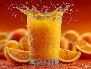 Glass of fresh orange juice splashing with citrus slices, symbolizing health, refreshment, vitamin C, natural energy, and summer lifestyle. 
