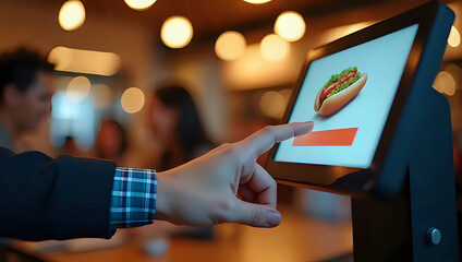 Portrait of customer selecting hotdog on touch screen ordering kiosk, fast food restaurant - modern self-service technology, convenient dining, browsing menu option, automated purchase process concept