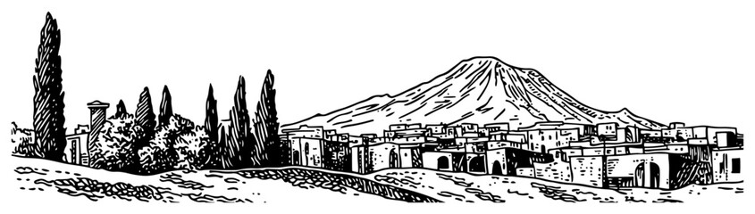 Volcanic Mountain with Italian Village Panorama Line Art © Tomas