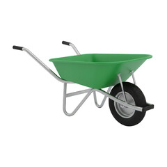 Green wheelbarrow isolated on transparent background for gardening and construction