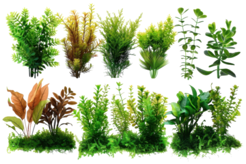 Vibrant collection of artificial aquatic plants arranged artistically for aquarium decoration in bright lighting isolated on transparent background