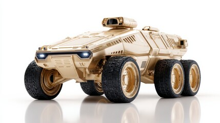 Golden Armored Vehicle: A detailed studio shot of an armored vehicle, a symbol of power and cutting-edge engineering, boasting a lustrous golden finish and rugged design. 