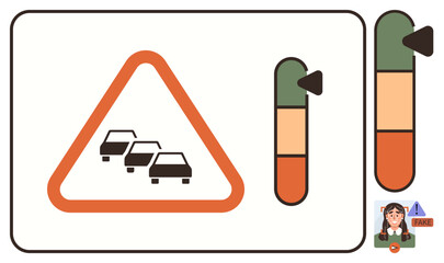 Warning sign for traffic congestion with progress bars showing severity levels and notification of potential fake alert. Ideal for safety, transportation, navigation, traffic analysis, user