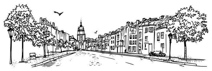 European City Boulevard With Church Dome Line Art Vector